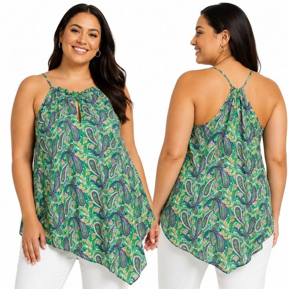 Maurices Large Paisley Halter Tank Top Green Purple Rayon